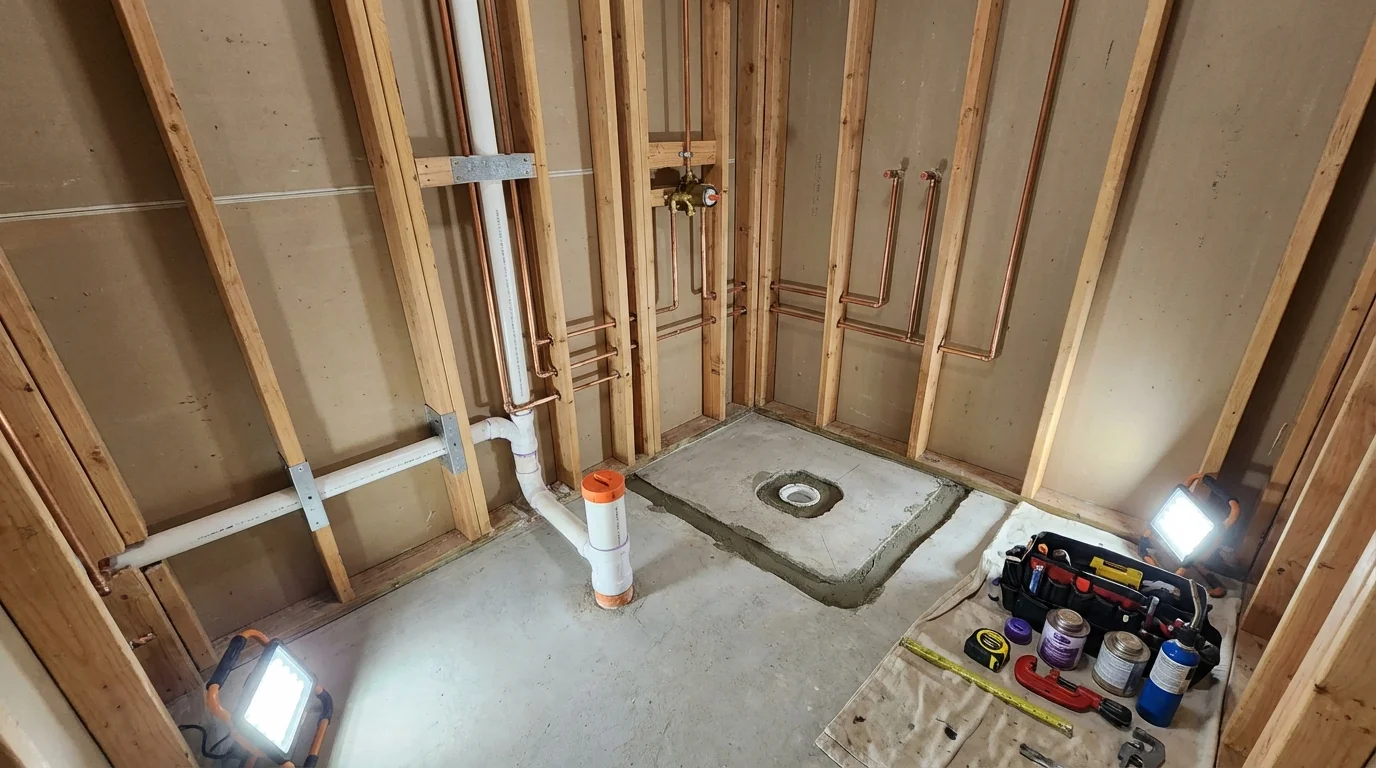 Bathroom rough-in plumbing during remodel by Johns Plumbing LLC in King of Prussia