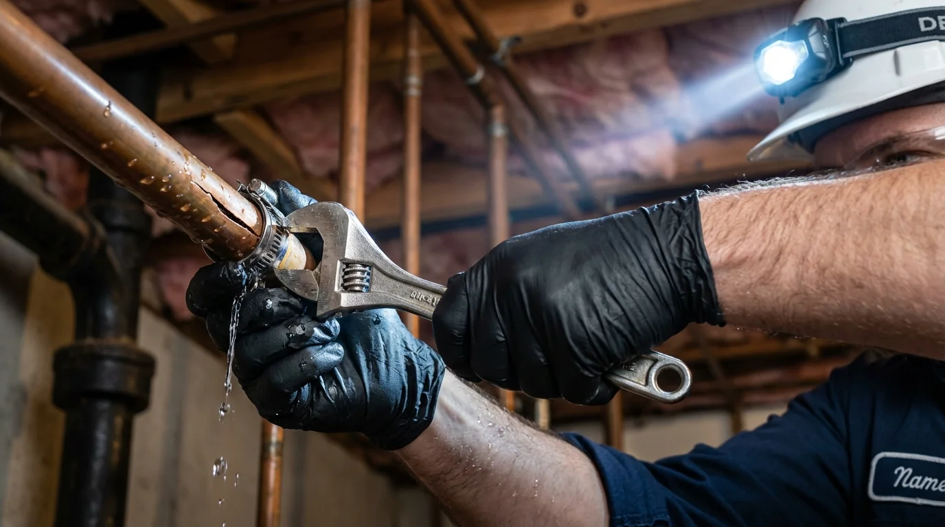 Emergency pipe clamp repair being performed by a Johns Plumbing LLC plumber in King of Prussia