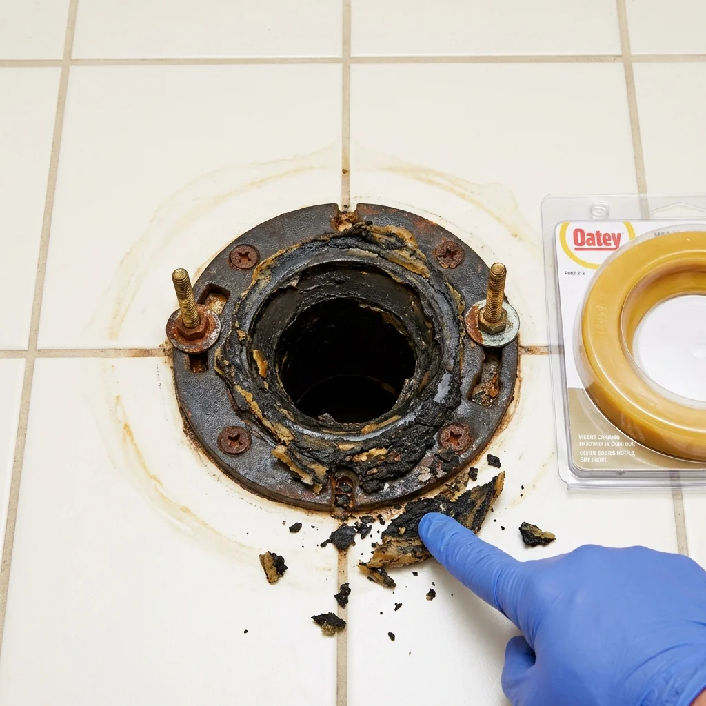 Failed wax ring showing water seepage at the base of a toilet in a King of Prussia, PA home