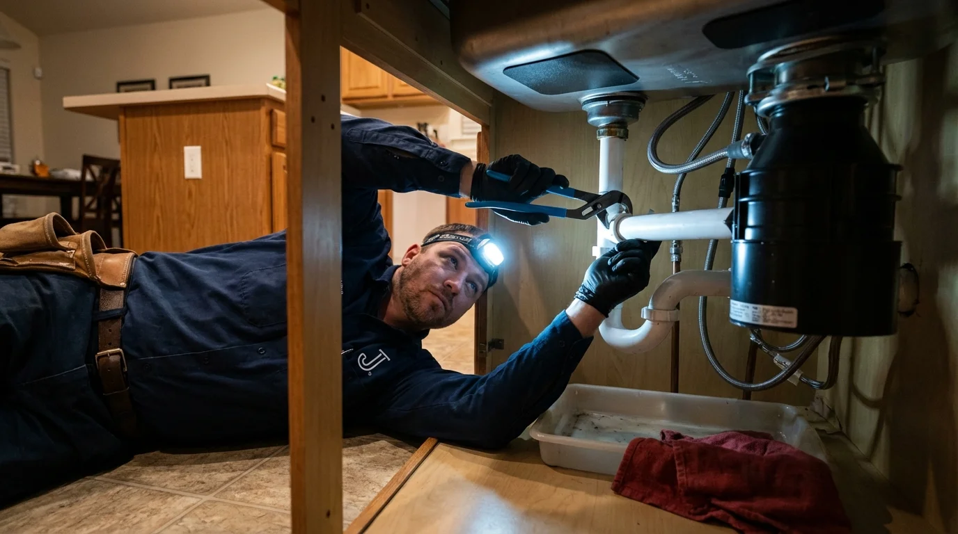 P-trap and supply line connections under a kitchen sink showing a common leak point in King of Prussia, PA